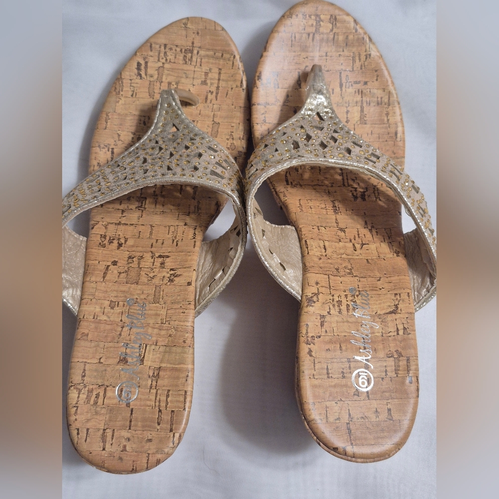 Women's Size 9 Ashley Blue Slip-on Gold Sandals with Crystal Embellishments